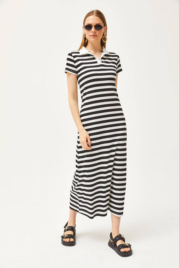 Women's Black Striped Lycra Polo Dress ELB-19002045 - 3