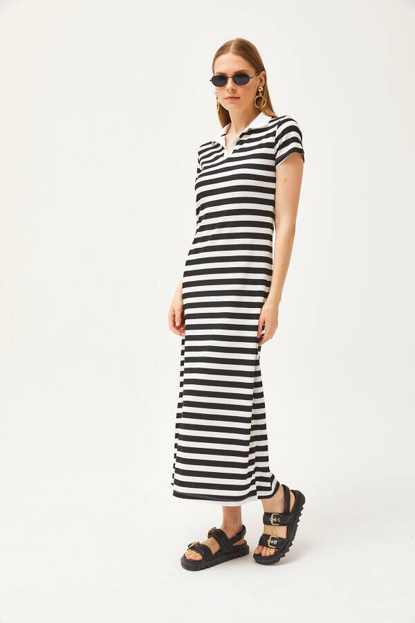 Women's Black Striped Lycra Polo Dress ELB-19002045 - 5