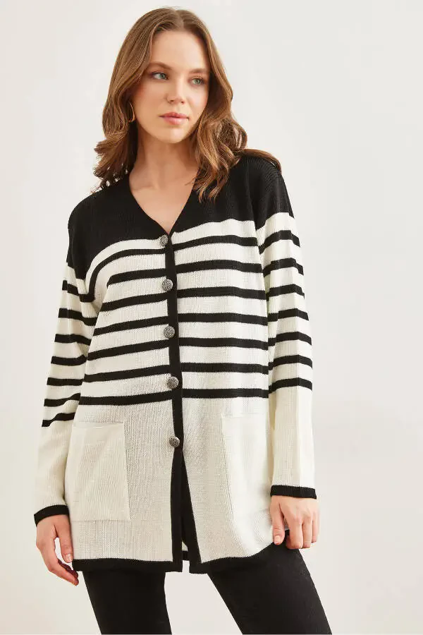 Women's Black Striped Metal Button Cardigan HRK-19000321 - 2