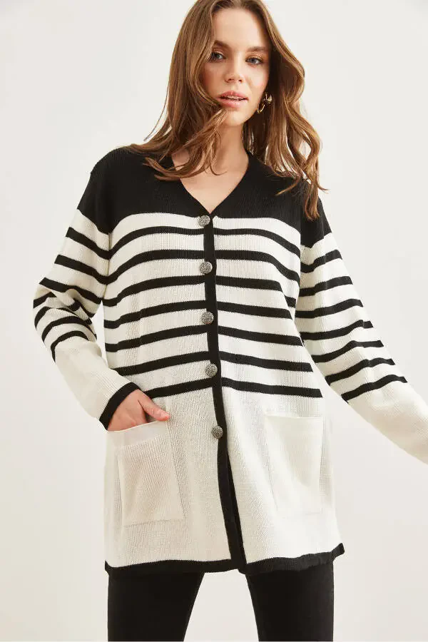 Women's Black Striped Metal Button Cardigan HRK-19000321 - 4