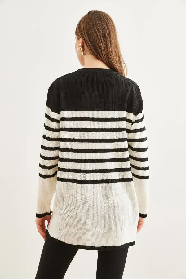 Women's Black Striped Metal Button Cardigan HRK-19000321 - 7