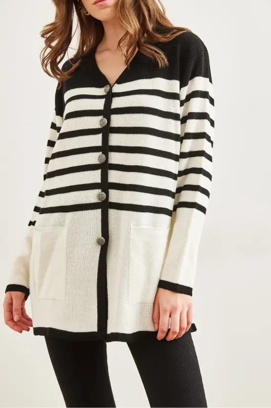 Women's Black Striped Metal Button Cardigan HRK-19000321 - 2