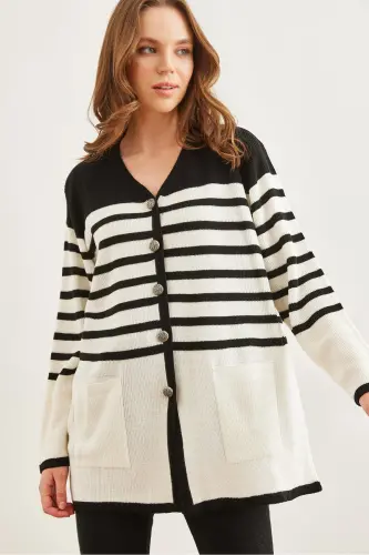 Women's Black Striped Metal Button Cardigan HRK-19000321 - 4