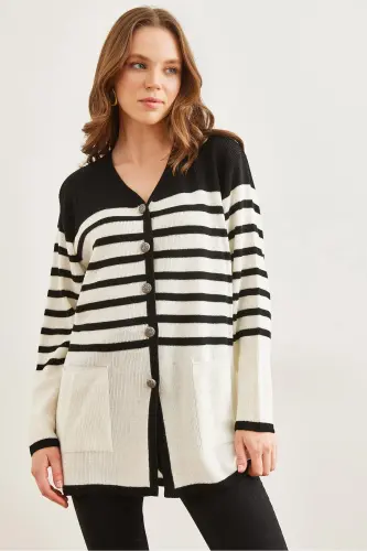 Women's Black Striped Metal Button Cardigan HRK-19000321 - 5