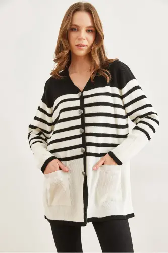 Women's Black Striped Metal Button Cardigan HRK-19000321 - 6