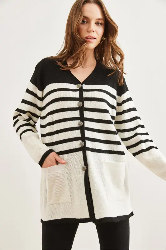 Women's Black Striped Metal Button Cardigan HRK-19000321 - 7