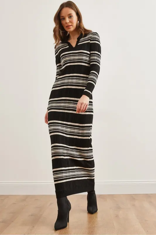 Women's Black Striped Ribbed Polo Neck Maxi Knitted Dress - 1