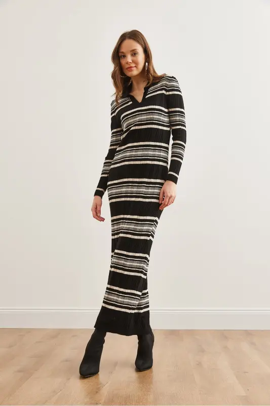 Women's Black Striped Ribbed Polo Neck Maxi Knitted Dress - 3