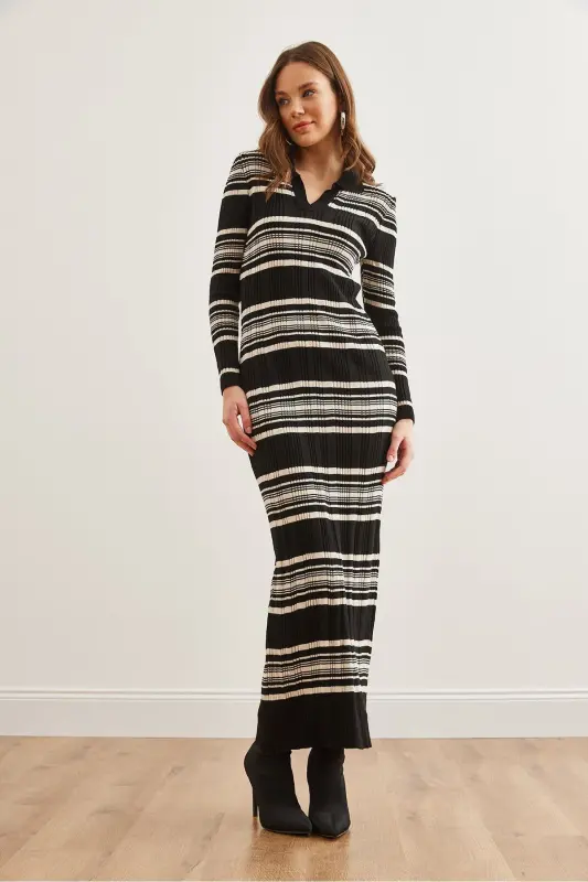 Women's Black Striped Ribbed Polo Neck Maxi Knitted Dress - 4