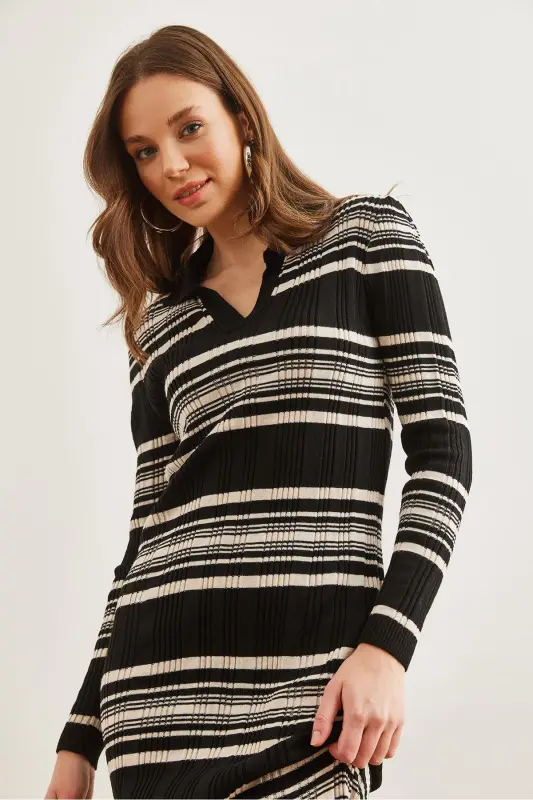 Women's Black Striped Ribbed Polo Neck Maxi Knitted Dress - 5