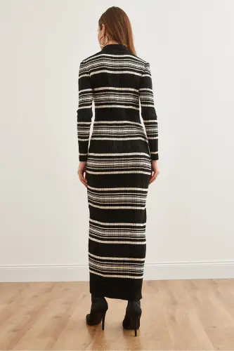 Women's Black Striped Ribbed Polo Neck Maxi Knitted Dress - 6
