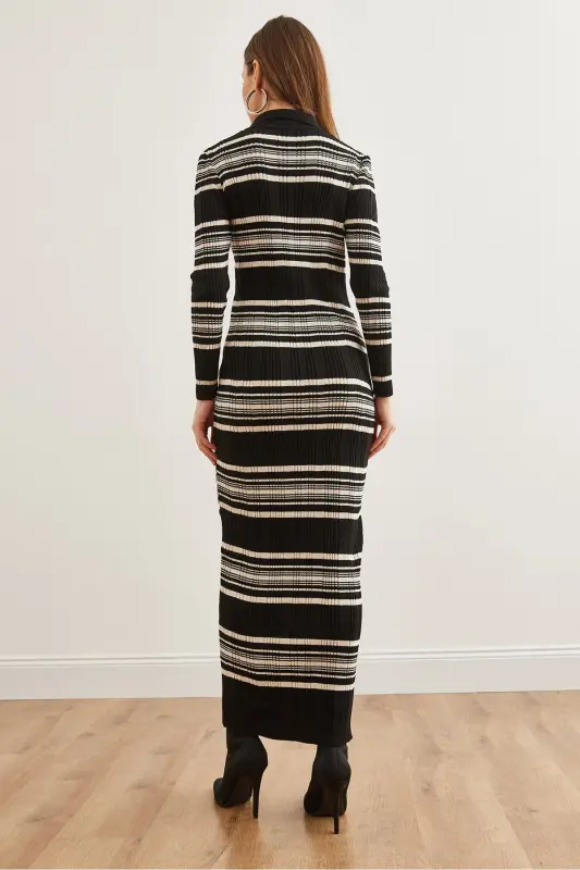 Women's Black Striped Ribbed Polo Neck Maxi Knitted Dress - 6