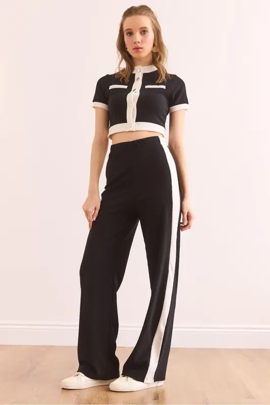 Women's Black Striped Ribbed Set TKM-1900 - OLALOOK