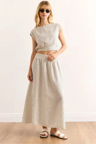 Women's Black Striped Side Zippered Midi Flared Muslin - 1