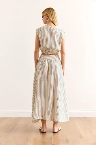 Women's Black Striped Side Zippered Midi Flared Muslin - 7