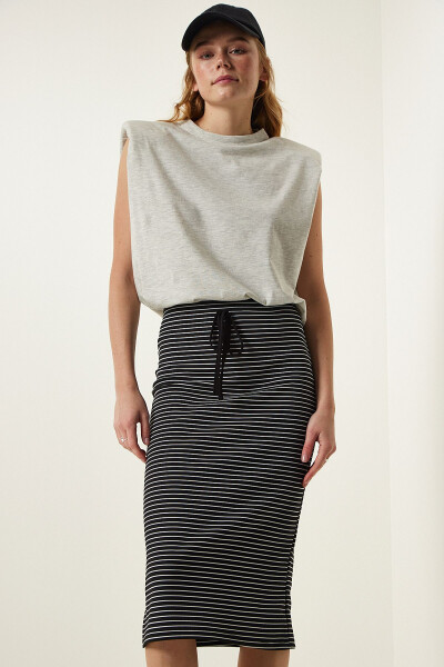 Women's Black Striped Slitted Wrap Knit Skirt FF00152 - HAPPINESS İSTANBUL (1)