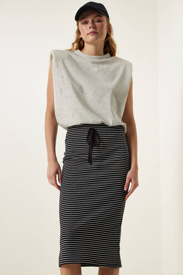 Women's Black Striped Slitted Wrap Knit Skirt FF00152 - 2