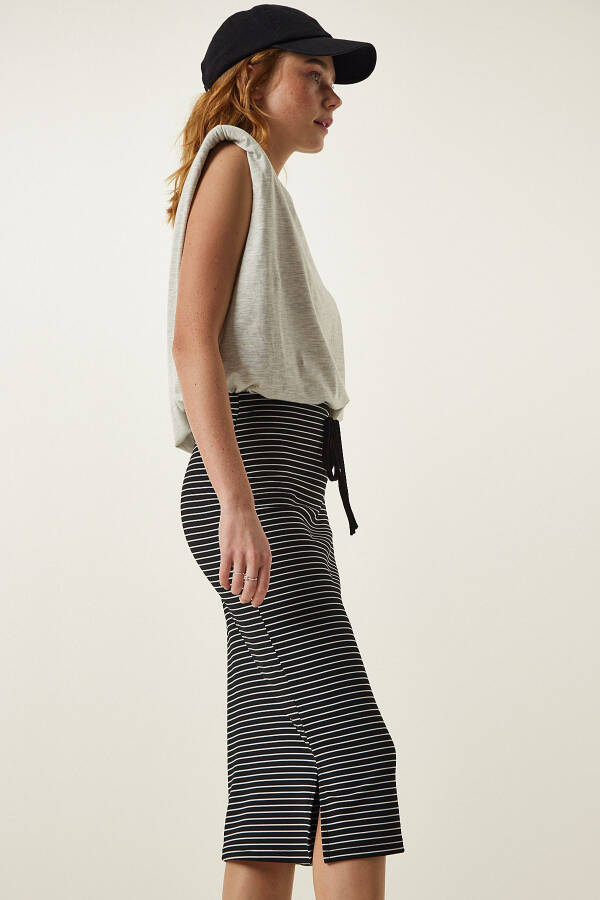 Women's Black Striped Slitted Wrap Knit Skirt FF00152 - 3