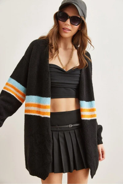 Women's Black Striped Soft Texture Knit Cardigan HRK-19000299 - OLALOOK