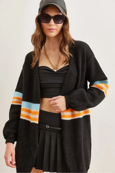 Women's Black Striped Soft Texture Knit Cardigan HRK-19000299 - OLALOOK (1)