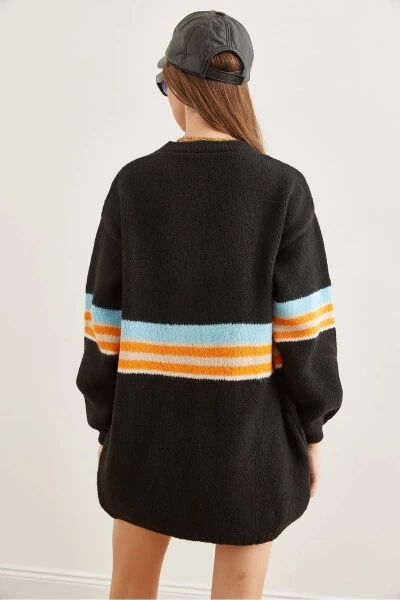 Women's Black Striped Soft Texture Knit Cardigan HRK-19000299 - 7