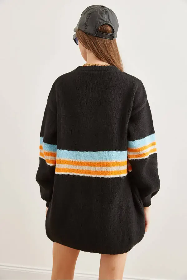 Women's Black Striped Soft Texture Knit Cardigan HRK-19000299 - 7