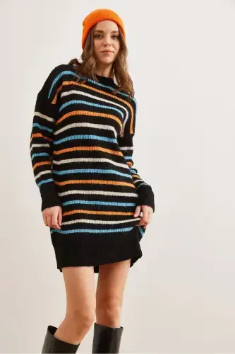 Women's Black Striped Soft Textured Knitwear - OLALOOK (1)