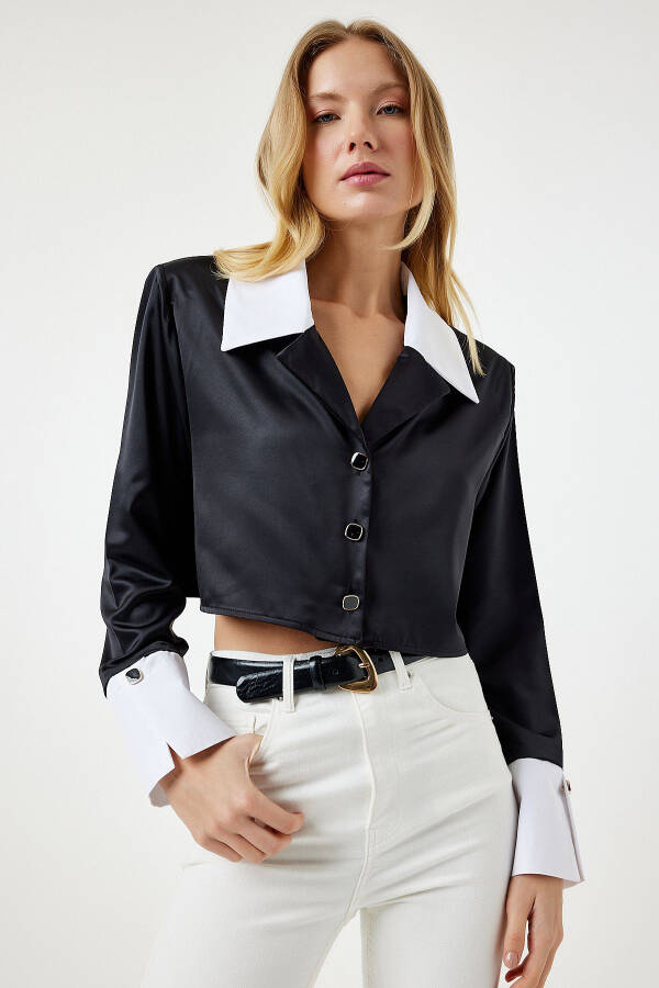 Women's Black Stylish Buttoned Satin Surface Crop Shirt - 2