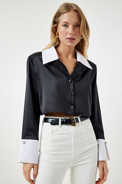 Women's Black Stylish Buttoned Satin Surface Crop Shirt - 3