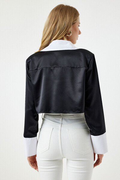 Women's Black Stylish Buttoned Satin Surface Crop Shirt - 5