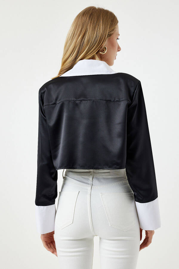 Women's Black Stylish Buttoned Satin Surface Crop Shirt - 5
