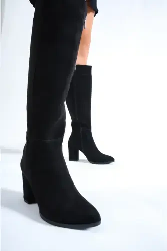Women's Black Suede Heeled Boot-Black Suede - Bİ&CO (1)