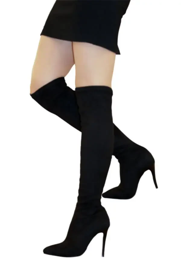 Women's Black Suede Knee-High Sock Boots - 1