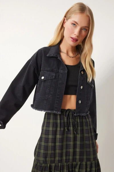 Women's Black Tassel Detailed Denim Crop Jacket AN00214 - HAPPINESS İSTANBUL