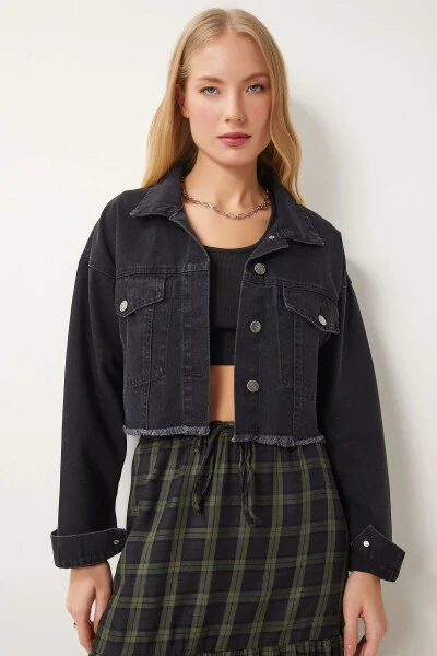 Women's Black Tassel Detailed Denim Crop Jacket AN00214 - HAPPINESS İSTANBUL (1)