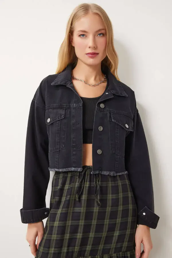 Women's Black Tassel Detailed Denim Crop Jacket AN00214 - 2