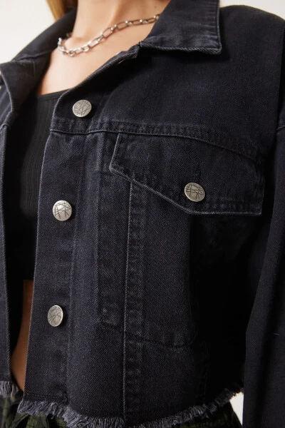 Women's Black Tassel Detailed Denim Crop Jacket AN00214 - 5