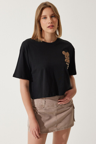 Women's Black Teddy Bear Crest Crop Knit T-Shirt HF0045 - 4