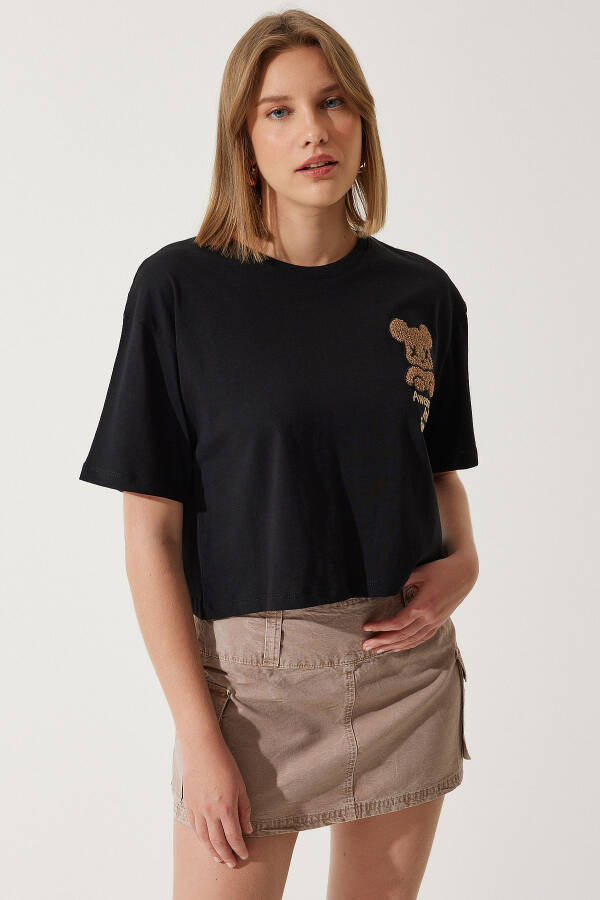 Women's Black Teddy Bear Crest Crop Knit T-Shirt HF0045 - 4