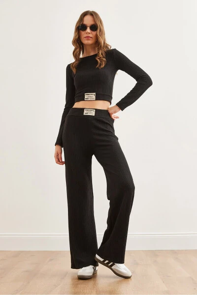 Women's Black Textured Badge Top and Bottom Set TKM-19000314 - 3