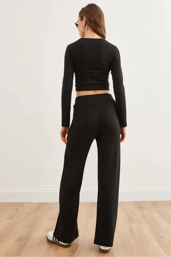 Women's Black Textured Badge Top and Bottom Set TKM-19000314 - 7