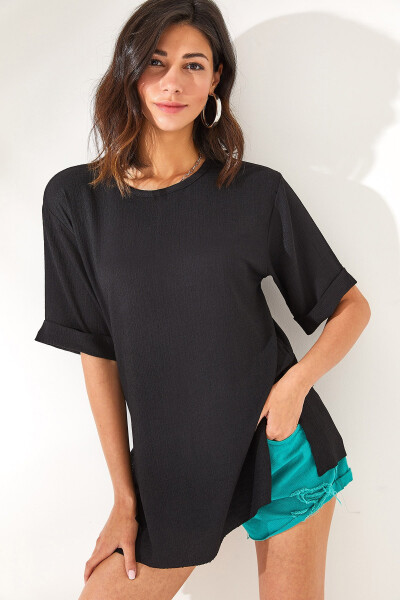 Women's Black Textured Double Sleeve T-Shirt with Side Slit TSH-19000756 - 1