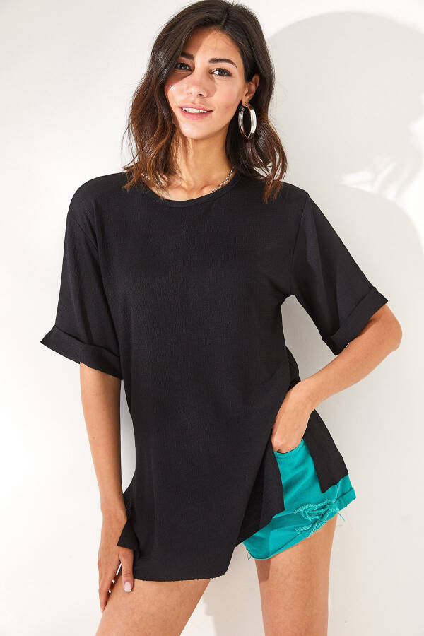 Women's Black Textured Double Sleeve T-Shirt with Side Slit TSH-19000756 - 3