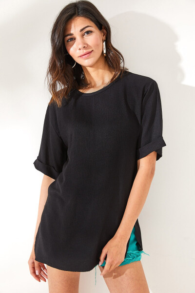 Women's Black Textured Double Sleeve T-Shirt with Side Slit TSH-19000756 - 4