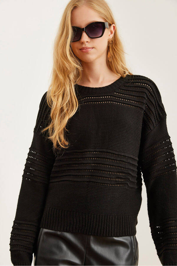 Women's Black Textured Stripe Detail Knit Sweater KZK-19000808 - 1