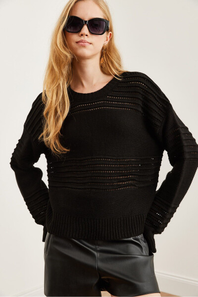 Women's Black Textured Stripe Detail Knit Sweater KZK-19000808 - 3
