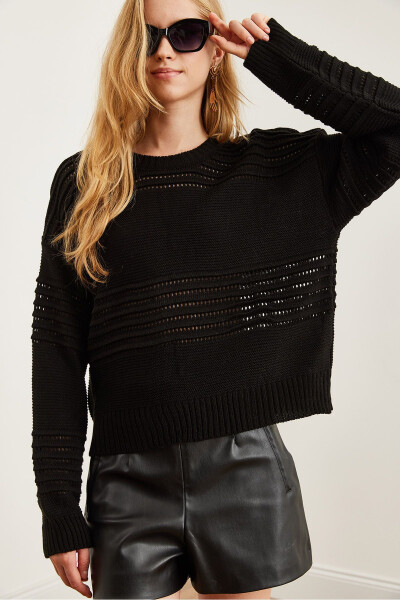 Women's Black Textured Stripe Detail Knit Sweater KZK-19000808 - 4