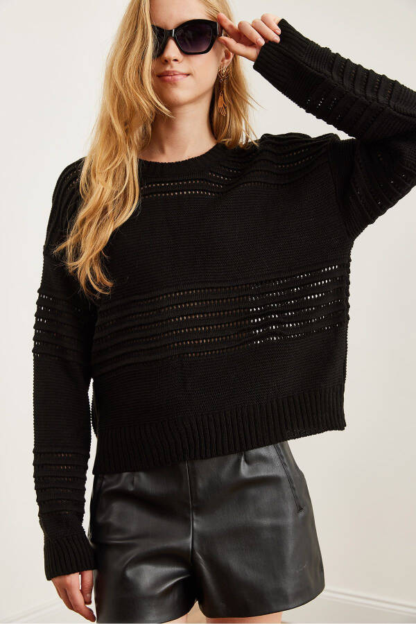 Women's Black Textured Stripe Detail Knit Sweater KZK-19000808 - 4