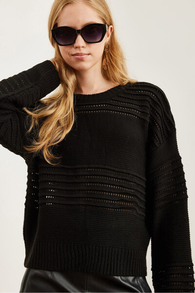 Women's Black Textured Stripe Detail Knit Sweater KZK-19000808 - 5