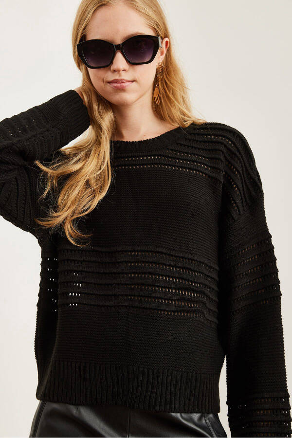 Women's Black Textured Stripe Detail Knit Sweater KZK-19000808 - 5